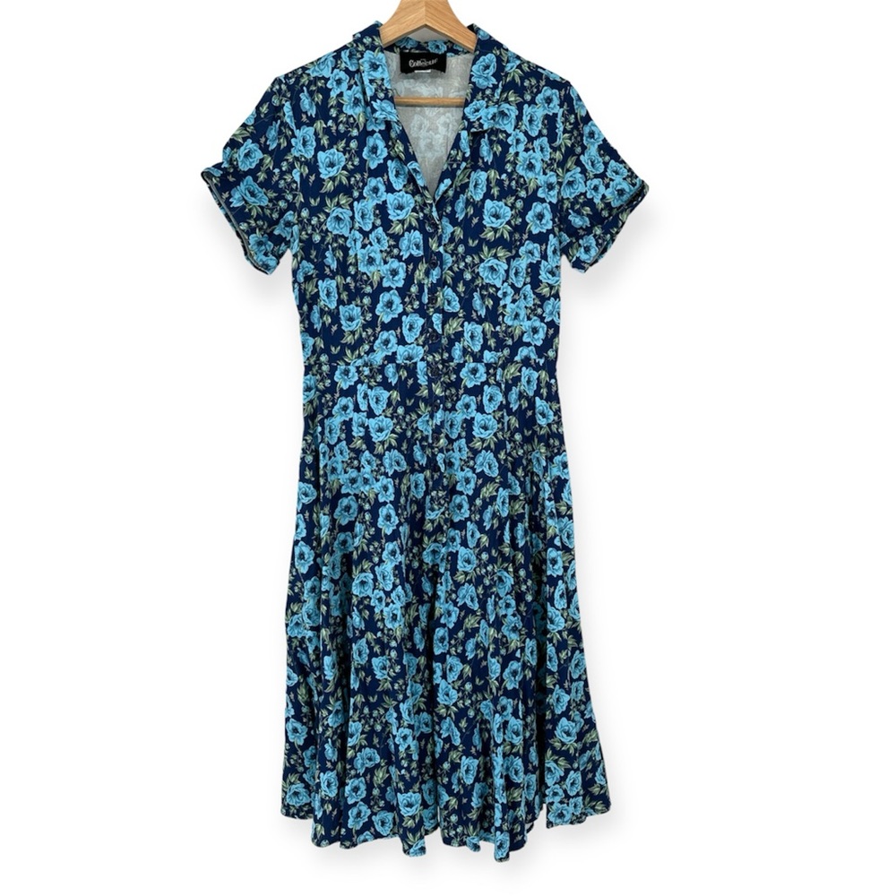 Collectif Blue Floral 50’s Inspired Midi Swing Dress     Women’s Size L  / 10